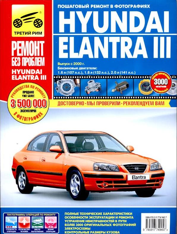 Каталог Hyundai Elantra 3 с 2000-2006 гг., бенз.дв. 1.6; 1.8; 2.0 цв.фото, рук. по рем. 